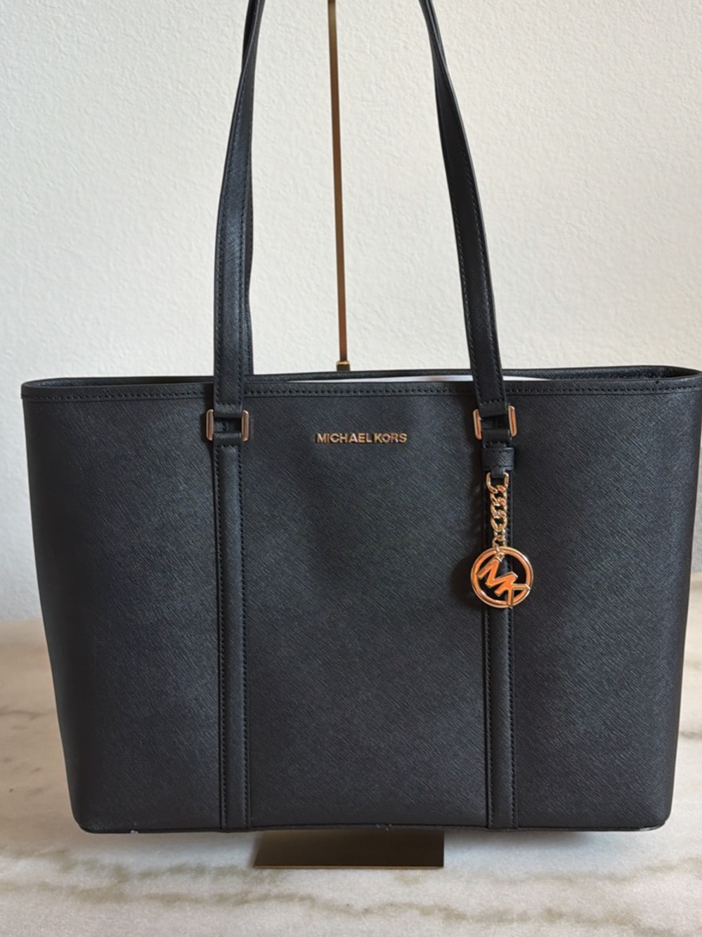 Michael Kors Black Saffiano Tote with Gold Logo Charm
